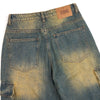 Vintage Washed Pleated Knee Cargo Jeans