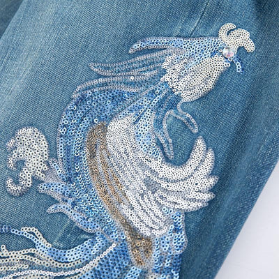 Phoenix-Embroidered Sequin Tapered Ankle Jeans