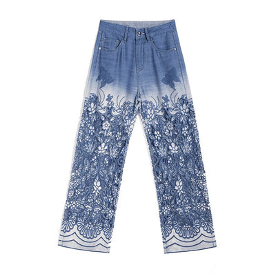 Butterfly Floral Embroidered Cut-Outs Ombré Jeans