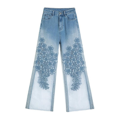 Organza Patchwork Floral-Embroidered Bootcut Jeans