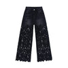 Floral-Embroidered Cut-Out Wide-Leg Jeans