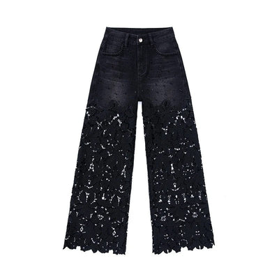 Floral-Embroidered Cut-Out Wide-Leg Jeans