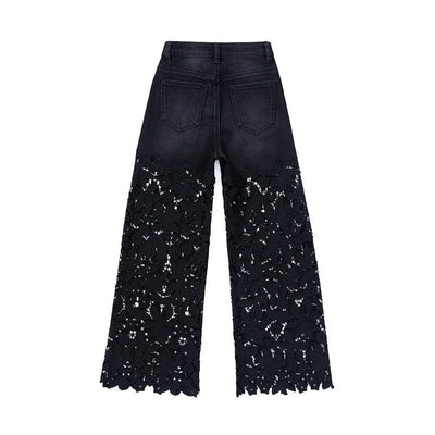 Floral-Embroidered Cut-Out Wide-Leg Jeans