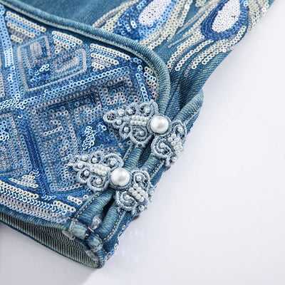 Phoenix-Embroidered Sequin Tapered Ankle Jeans