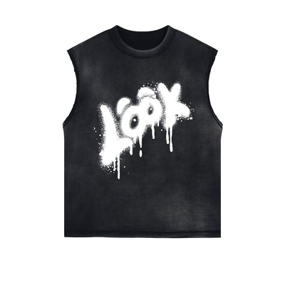 LOOK Funny Graphic Cutoff Faded Tee-INNBLAC