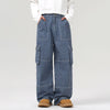 Buckle Belt Striped Denim Cargo Jeans-INNBLAC