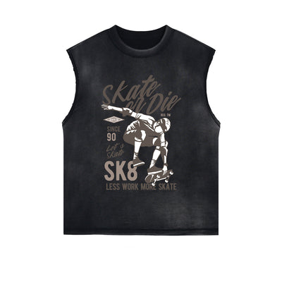 Skate Or Die Graphic Sleeveless Faded Tee-INNBLAC