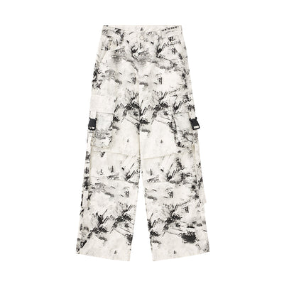 Ink Splatter Pleated Knee Cargo Trousers