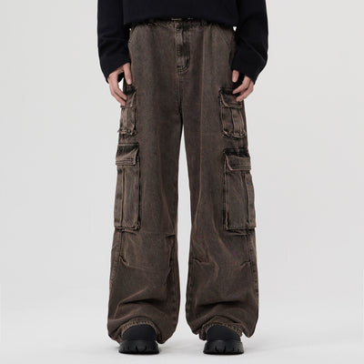 Wide Leg Denim Cargo Pants-INNBLAC