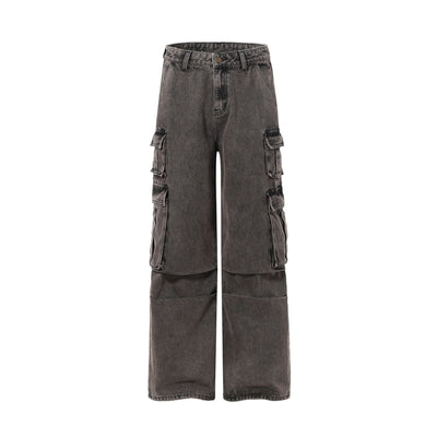 Wide Leg Denim Cargo Pants-INNBLAC