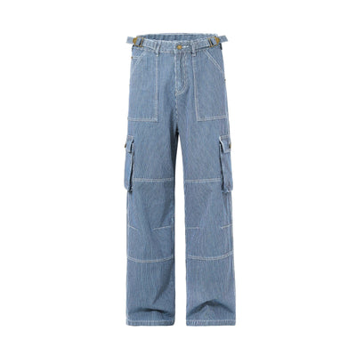 Buckle Belt Striped Denim Cargo Jeans-INNBLAC