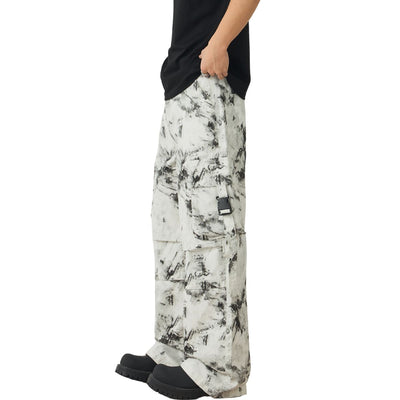 Ink Splatter Pleated Knee Cargo Trousers