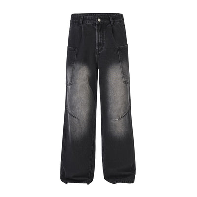 Washed Straight Leg Cargo Jeans-INNBLAC