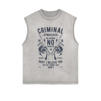 Criminal Syndicate Retro Graphic Sleeveless Faded Tee-INNBLAC