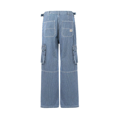 Buckle Belt Striped Denim Cargo Jeans-INNBLAC