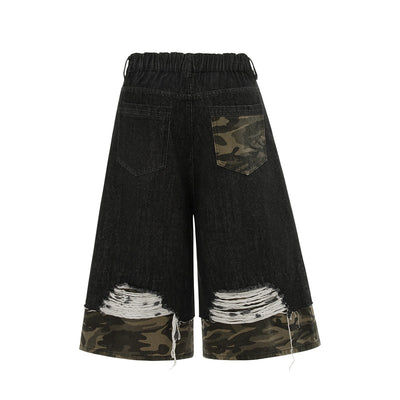 Camo Patchwork Denim Ripped Bermuda Shorts