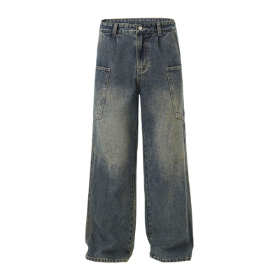 Washed Straight Leg Cargo Jeans-INNBLAC