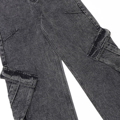 Gray Denim Wrinkles Cargo Pants-INNBLAC