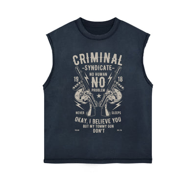 Criminal Syndicate Retro Graphic Sleeveless Faded Tee-INNBLAC