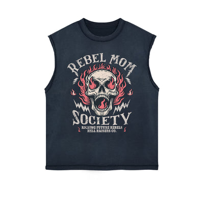 Rebel Mom Society Skull Graphic Sleeveless Faded Tee-INNBLAC