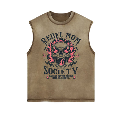 Rebel Mom Society Skull Graphic Sleeveless Faded Tee-INNBLAC