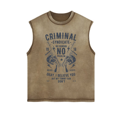 Criminal Syndicate Retro Graphic Sleeveless Faded Tee-INNBLAC