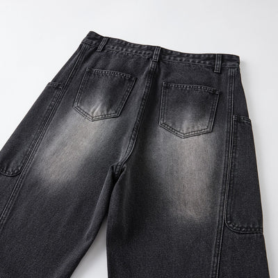 Washed Straight Leg Cargo Jeans-INNBLAC