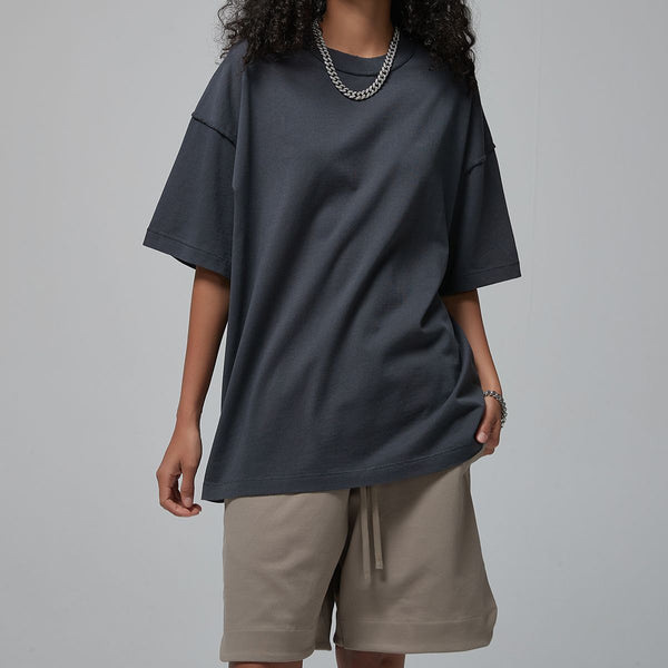Women's Distressed Edge Reverse Stitch Oversized Tee 7oz-INNBLAC