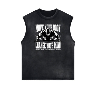 Distressed Sleeveless Fitness Pattern Tee