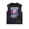 Distressed Sleeveless Playful Cartoon Pattern Tee