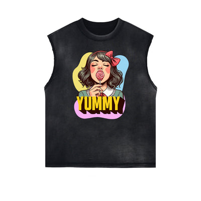 Distressed Sleeveless Playful Cartoon Pattern Tee