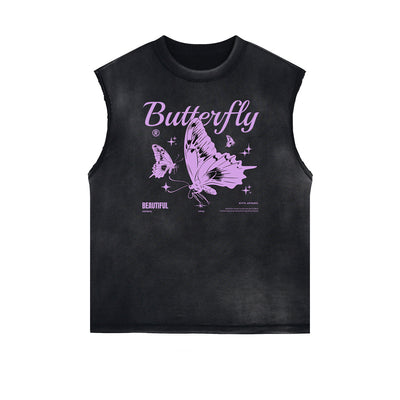 Distressed Sleeveless Butterfly Pattern Tee