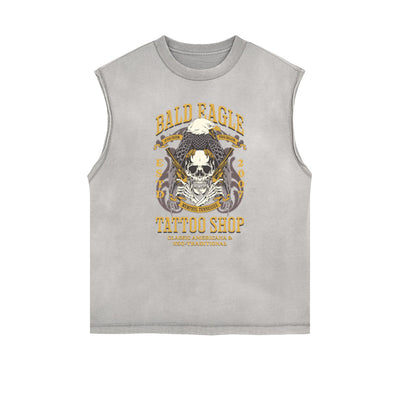 Distressed Sleeveless Winged Monster Pattern Tee