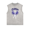 Distressed Sleeveless Winged Monster Pattern Tee