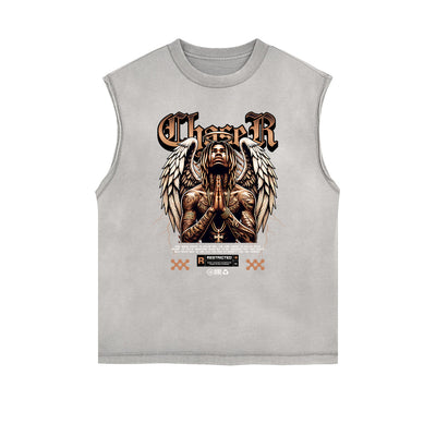 Distressed Sleeveless Winged Monster Pattern Tee