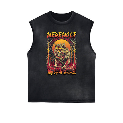 Distressed Sleeveless Wolf Pattern Tee