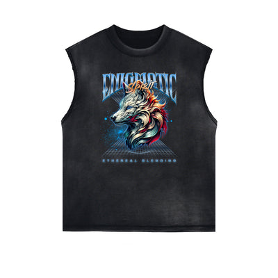 Distressed Sleeveless Wolf Pattern Tee