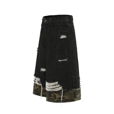 Camo Patchwork Denim Ripped Bermuda Shorts